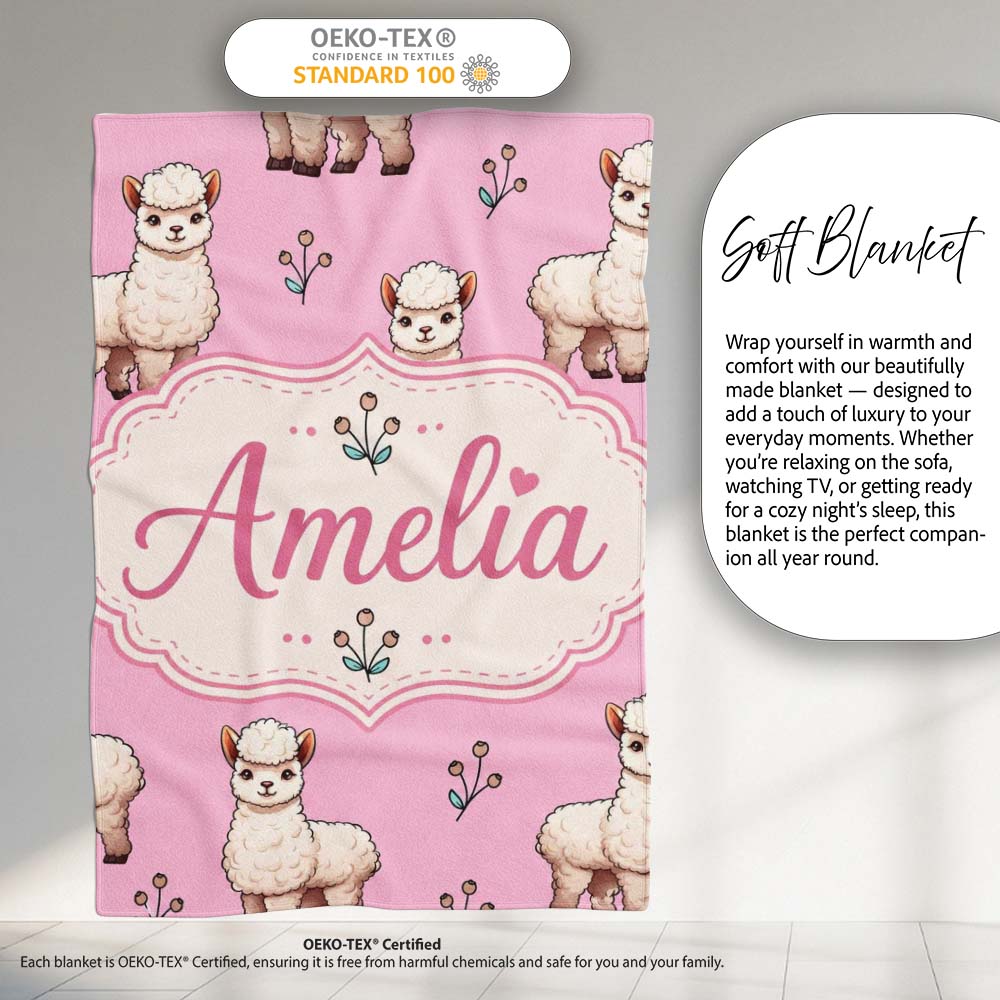 Cute Alpaca Llama Pattern with Floral Sprigs on Pink Background Personalised Custom Name Super Soft Fleece Blanket Bed Sofa Throw