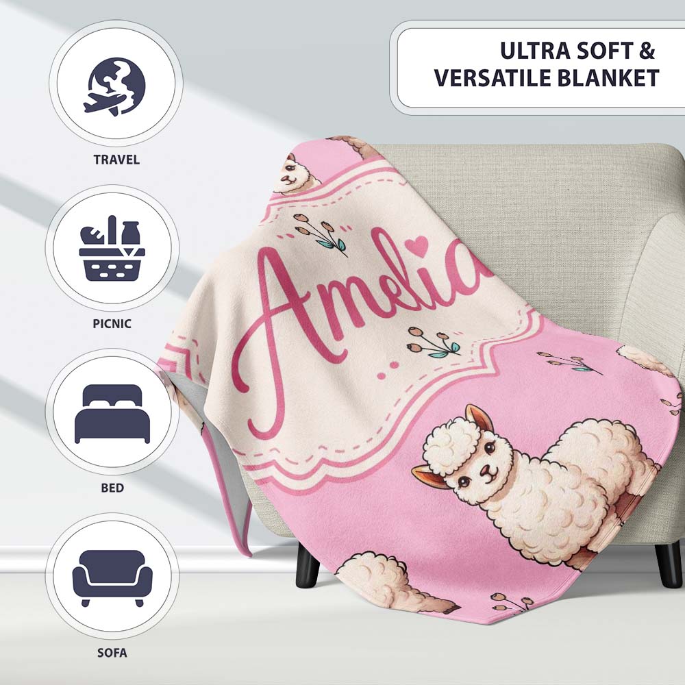 Cute Alpaca Llama Pattern with Floral Sprigs on Pink Background Personalised Custom Name Super Soft Fleece Blanket Bed Sofa Throw