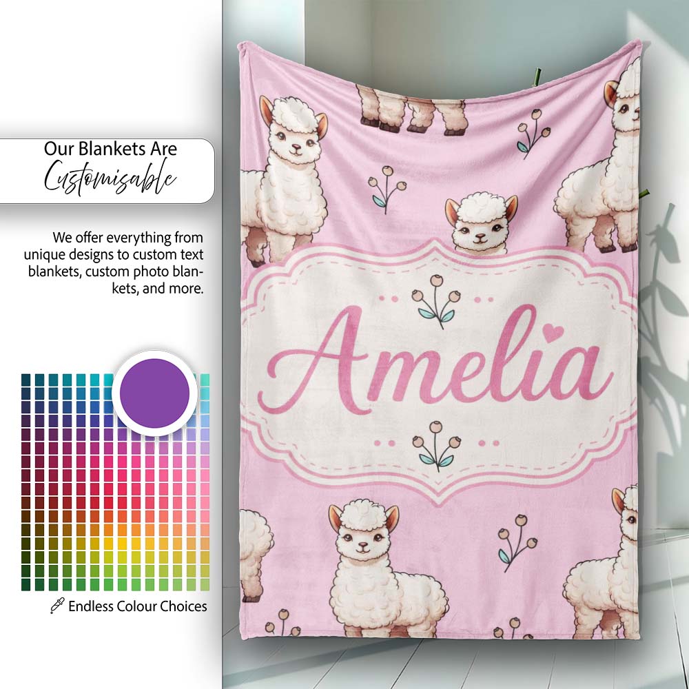 Cute Alpaca Llama Pattern with Floral Sprigs on Pink Background Personalised Custom Name Super Soft Fleece Blanket Bed Sofa Throw