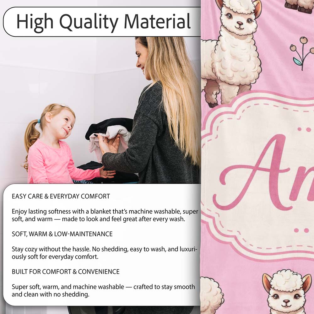 Cute Alpaca Llama Pattern with Floral Sprigs on Pink Background Personalised Custom Name Super Soft Fleece Blanket Bed Sofa Throw