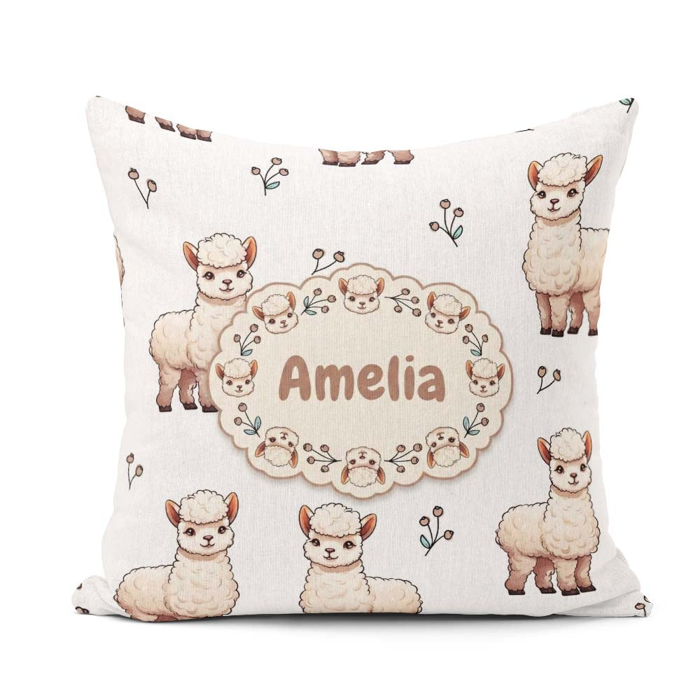 Custom Name Cute Alpaca Llama Pattern with Floral Sprigs on Grey Square Filled Cushion Throw Pillow Sofa Bed Home Decor Zip Washable UK Made