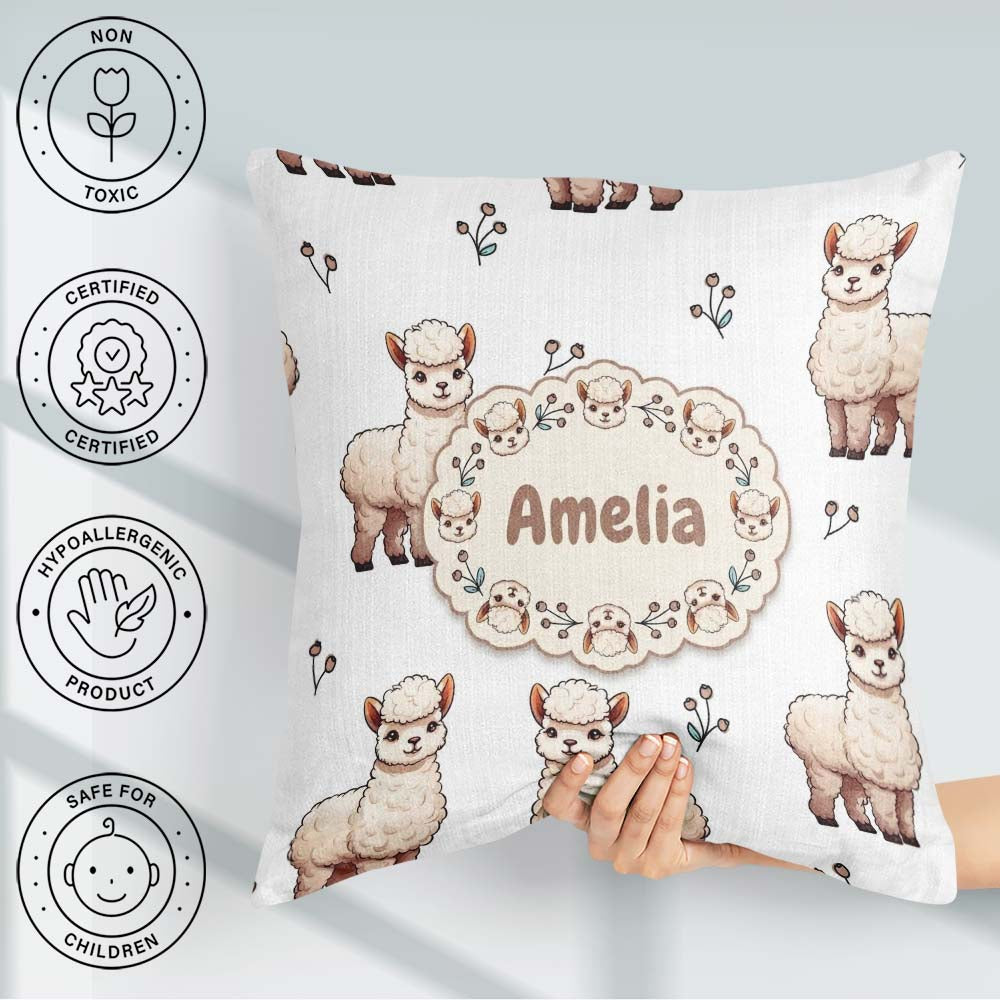 Custom Name Cute Alpaca Llama Pattern with Floral Sprigs on Grey Square Filled Cushion Throw Pillow Sofa Bed Home Decor Zip Washable UK Made