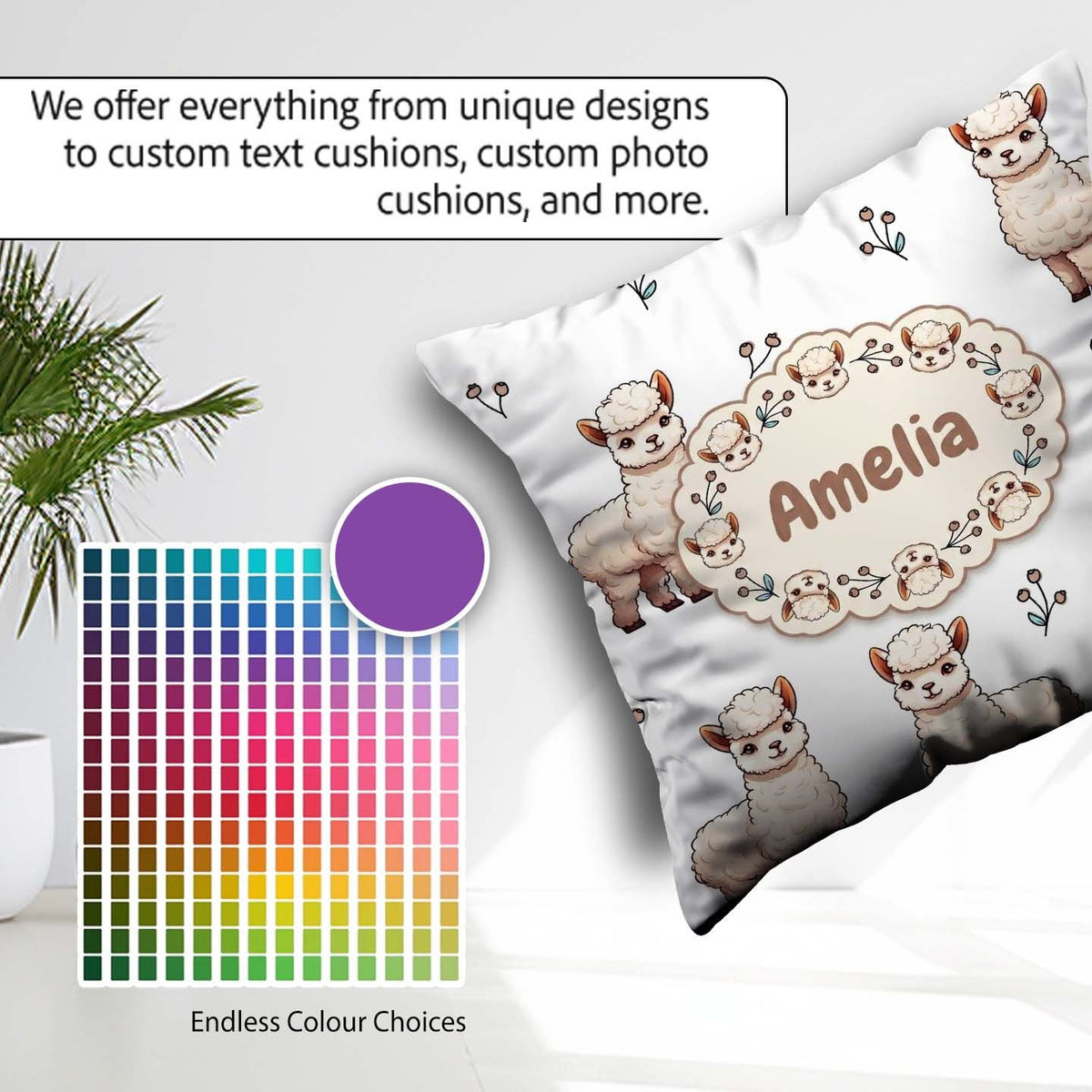 Custom Name Cute Alpaca Llama Pattern with Floral Sprigs on Grey Square Filled Cushion Throw Pillow Sofa Bed Home Decor Zip Washable UK Made