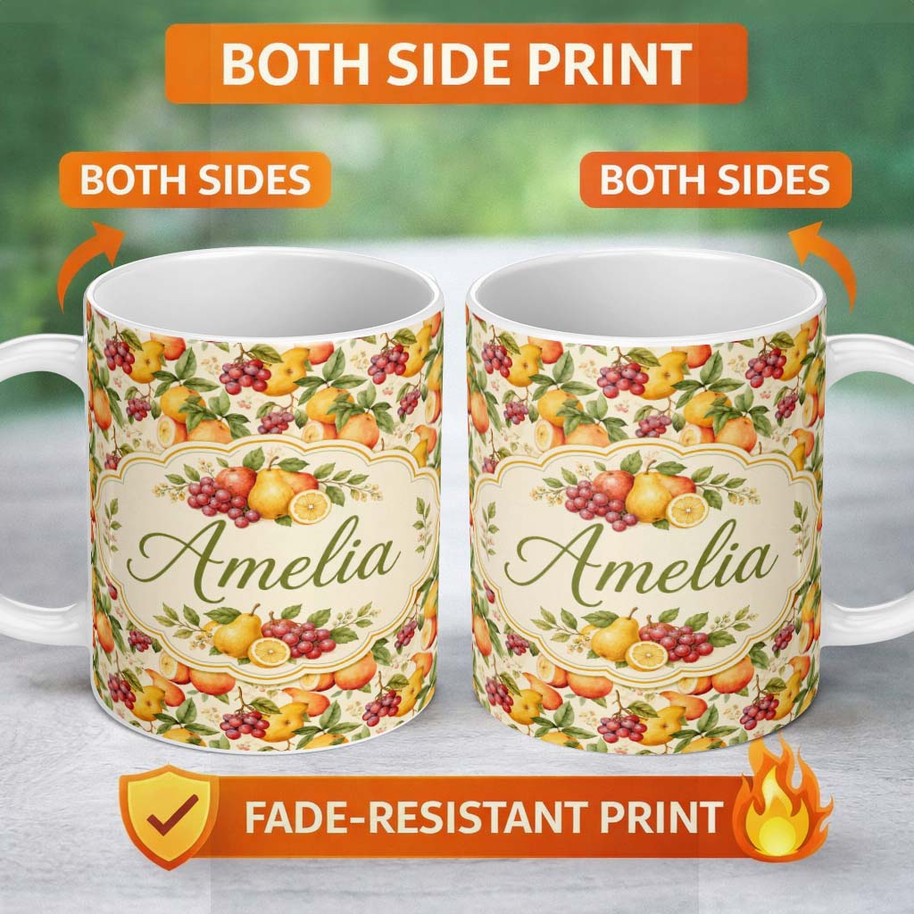 Personalized Custom Name Warm Vintage Pear and Berry Botanical Seamless Pattern Lovely 11oz Ceramic Coffee Tea Mug White Large Handle