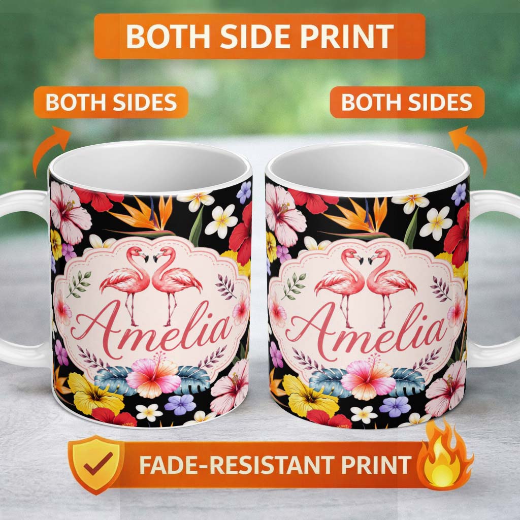 Personalized Custom Name Cute Tropical Hibiscus Flowers Birds of Paradise Bright Floral 11oz Ceramic Coffee Tea Mug White Large Handle