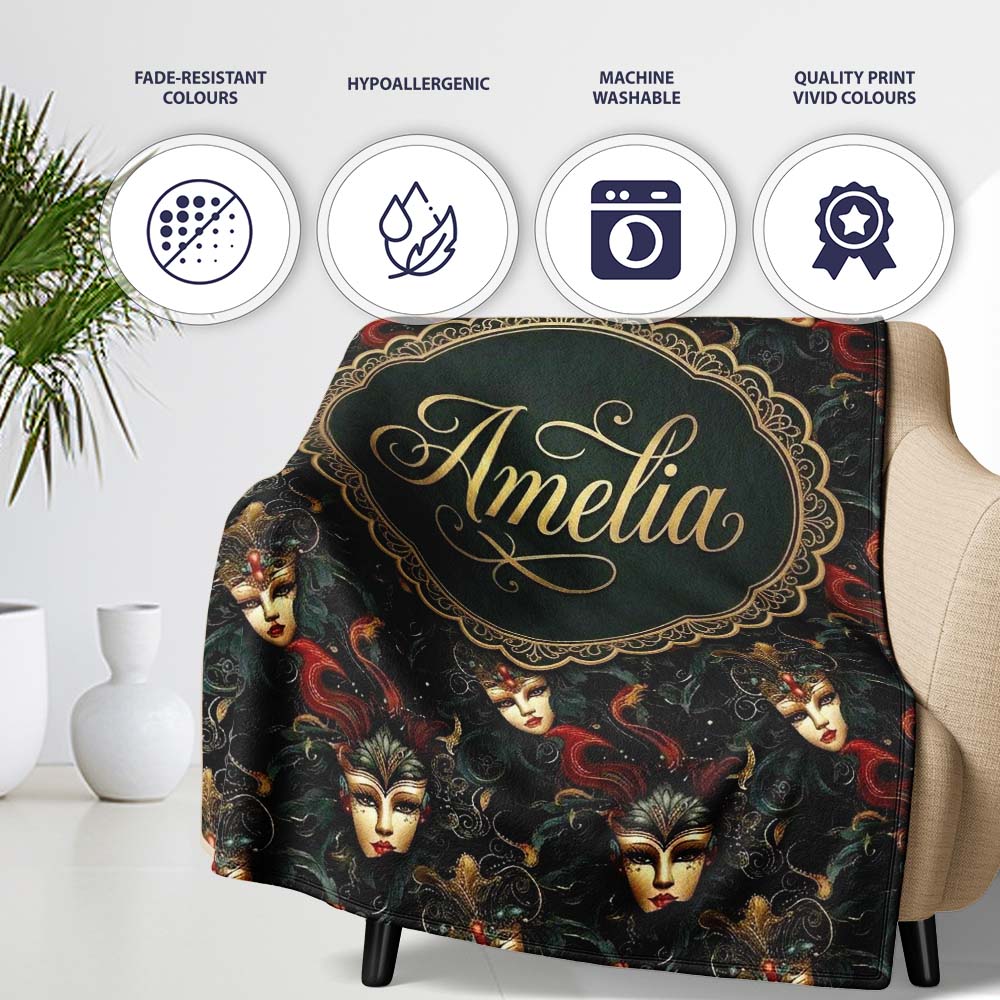 Art Nouveau Style Mask Pattern with Flowing Hair and Decorative Personalised Custom Name Super Soft Fleece Blanket Bed Sofa Throw