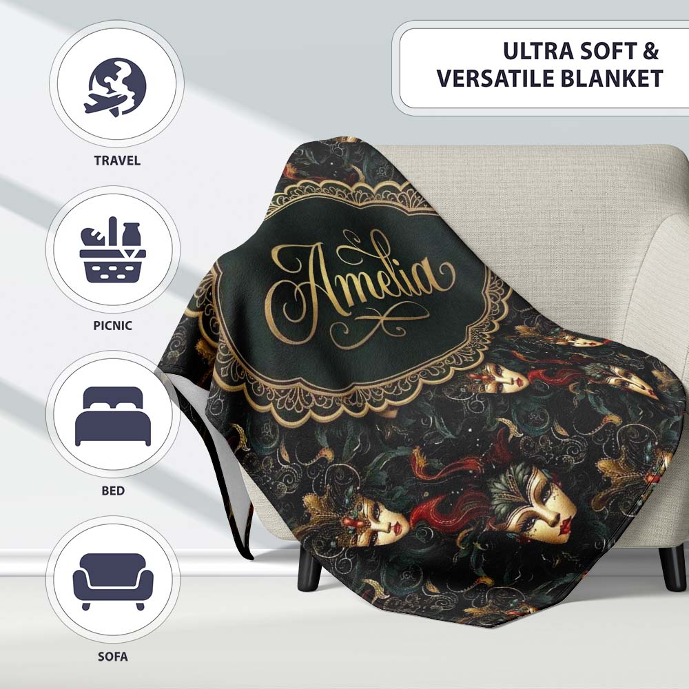 Art Nouveau Style Mask Pattern with Flowing Hair and Decorative Personalised Custom Name Super Soft Fleece Blanket Bed Sofa Throw