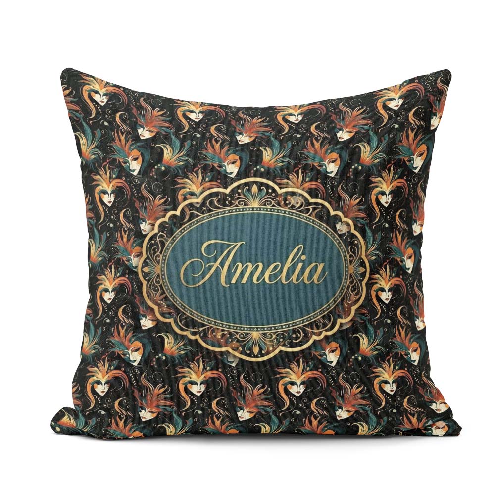 Custom Name Fantasy Mask Pattern with Flowing Hair in Orange and Square Filled Cushion Throw Pillow Sofa Bed Home Decor Zip Washable UK Made