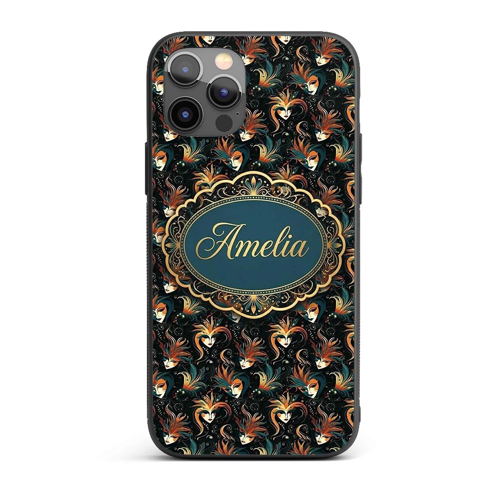 Stylised Fantasy Mask Pattern with Flowing Hair Custom Name Protective Phone Case Mobile Cover Durable Everyday Smartphone Shock Resistant