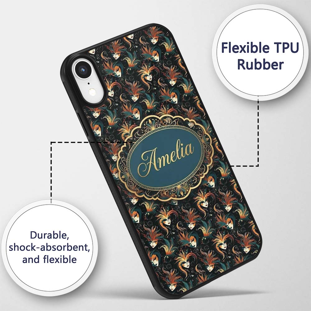 Stylised Fantasy Mask Pattern with Flowing Hair Custom Name Protective Phone Case Mobile Cover Durable Everyday Smartphone Shock Resistant