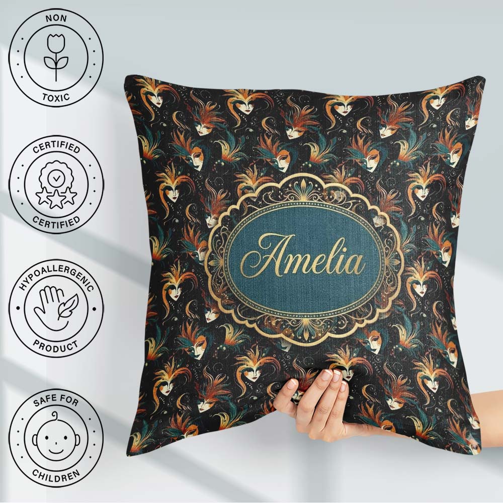 Custom Name Fantasy Mask Pattern with Flowing Hair in Orange and Square Filled Cushion Throw Pillow Sofa Bed Home Decor Zip Washable UK Made