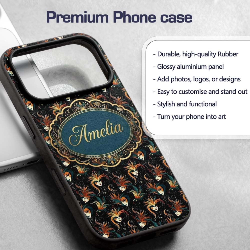 Stylised Fantasy Mask Pattern with Flowing Hair Custom Name Protective Phone Case Mobile Cover Durable Everyday Smartphone Shock Resistant