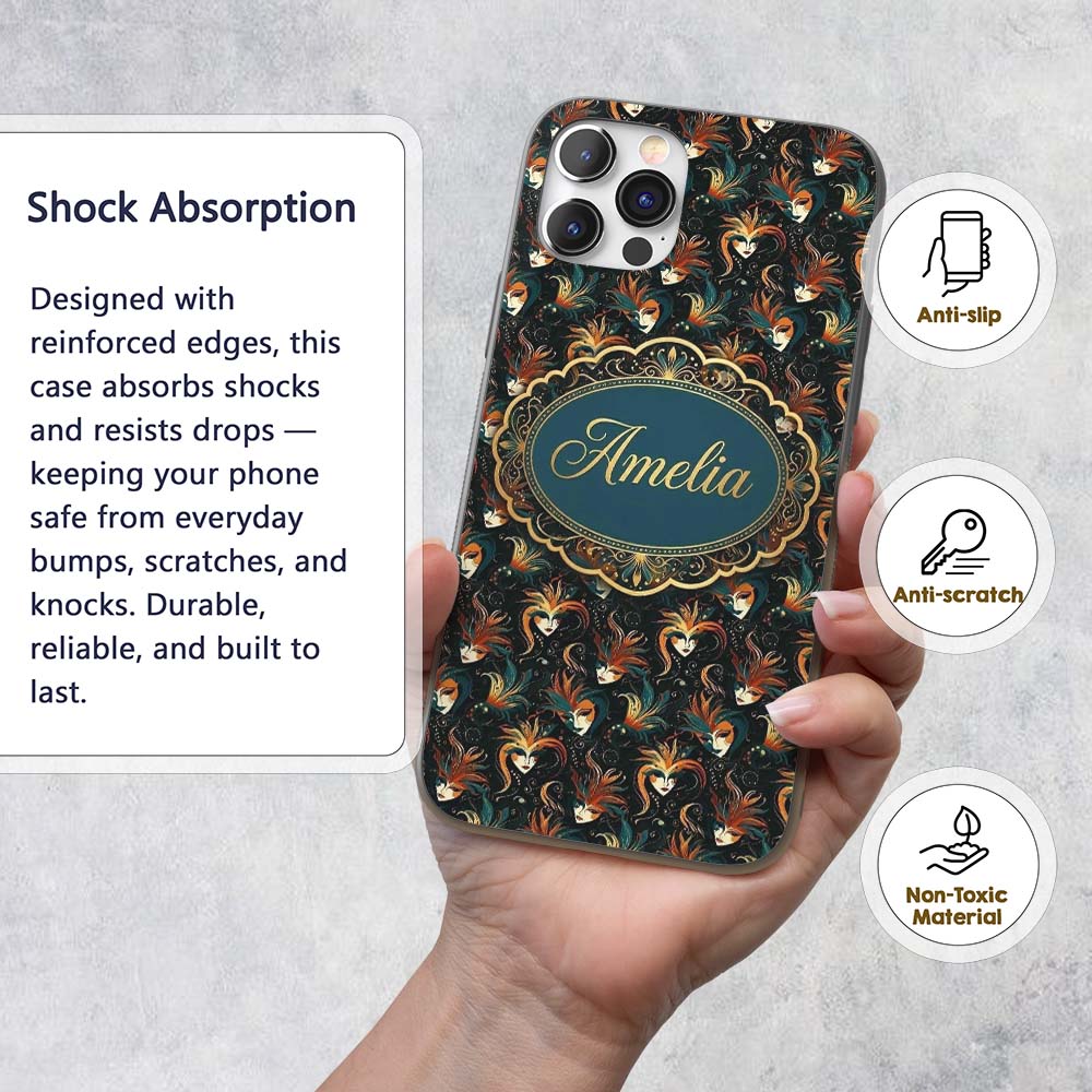 Stylised Fantasy Mask Pattern with Flowing Hair Custom Name Protective Phone Case Mobile Cover Durable Everyday Smartphone Shock Resistant