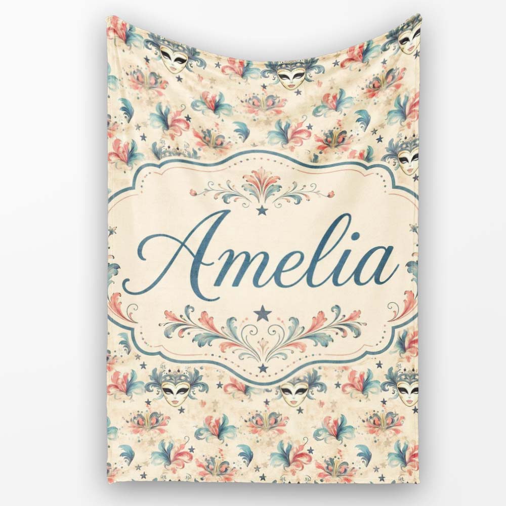 Vintage Venetian Carnival Masks with Soft Feathers and Stars Lovely Personalised Custom Name Super Soft Fleece Blanket Bed Sofa Throw