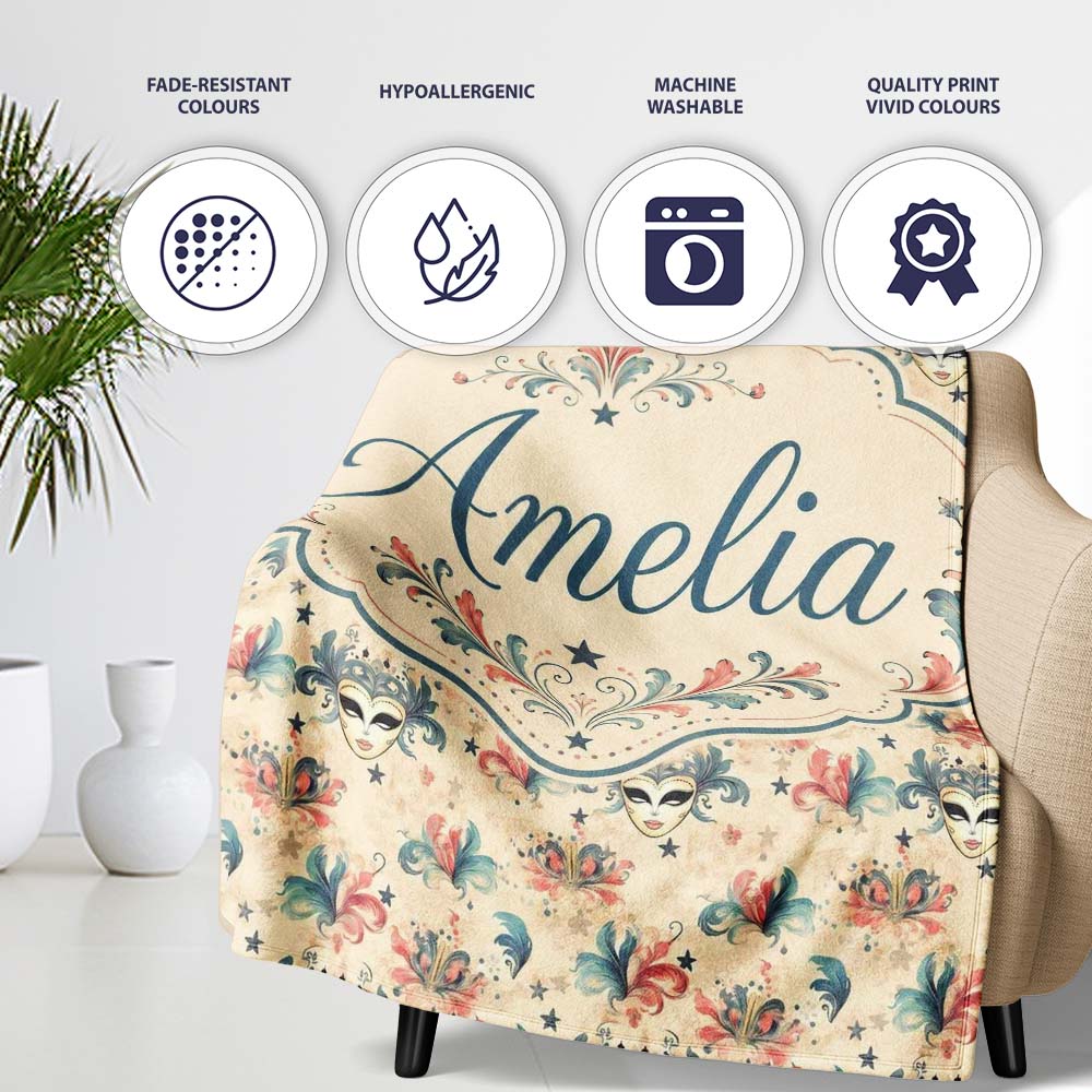 Vintage Venetian Carnival Masks with Soft Feathers and Stars Lovely Personalised Custom Name Super Soft Fleece Blanket Bed Sofa Throw