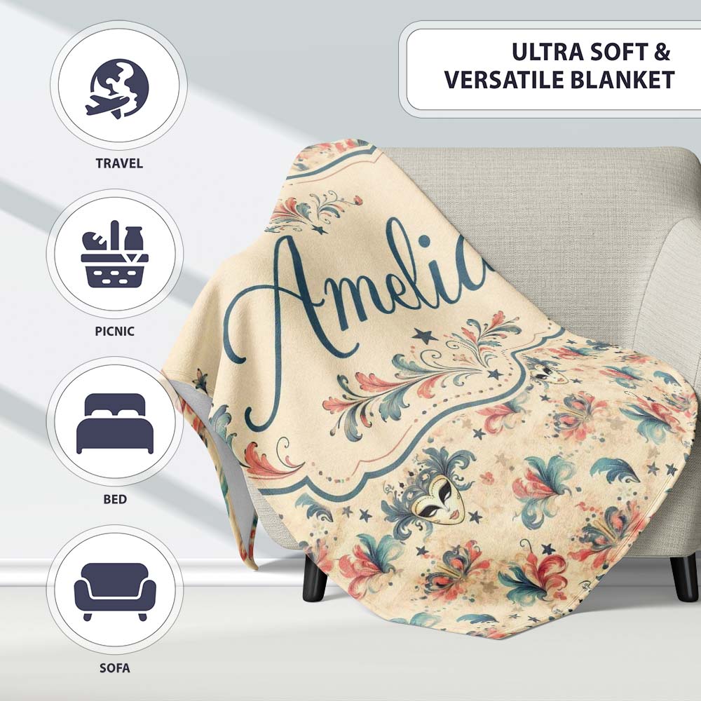 Vintage Venetian Carnival Masks with Soft Feathers and Stars Lovely Personalised Custom Name Super Soft Fleece Blanket Bed Sofa Throw