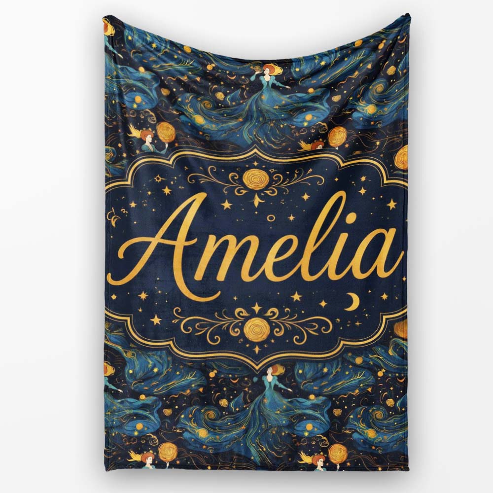 Celestial Goddess in Flowing Blue Dress with Stars and Golden Lovely Personalised Custom Name Super Soft Fleece Blanket Bed Sofa Throw