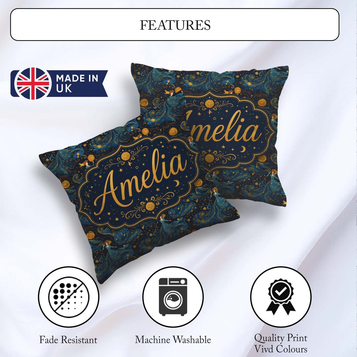 Custom Name Goddess in Flowing Blue Dress with Stars and Golden Square Filled Cushion Throw Pillow Sofa Bed Home Decor Zip Washable UK Made