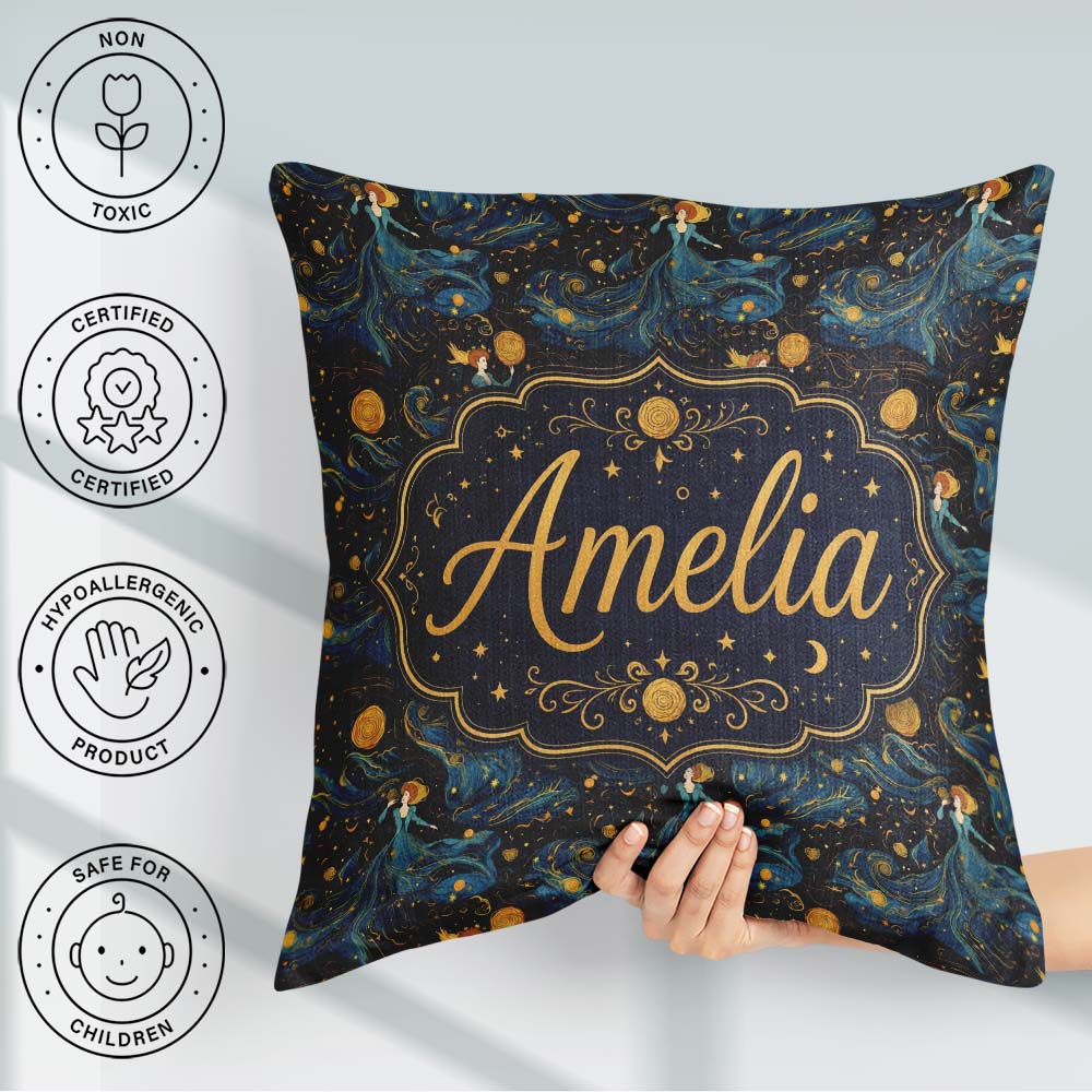 Custom Name Goddess in Flowing Blue Dress with Stars and Golden Square Filled Cushion Throw Pillow Sofa Bed Home Decor Zip Washable UK Made