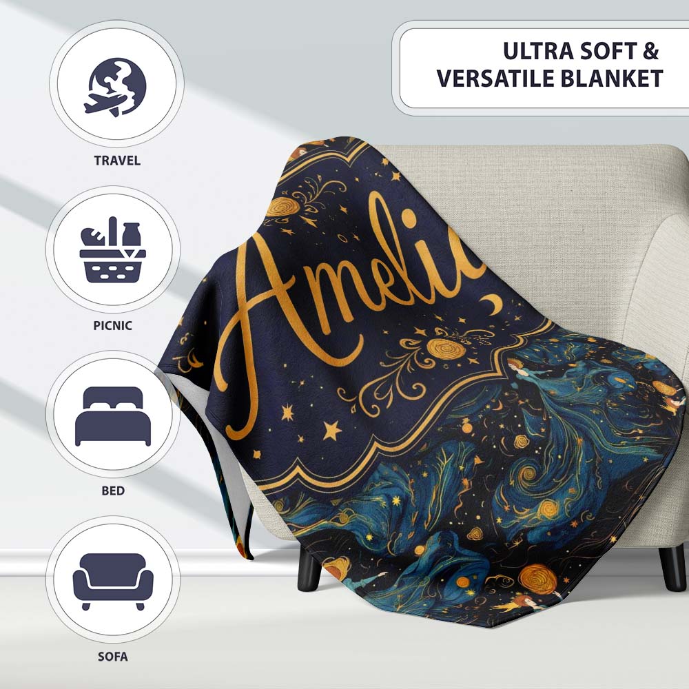 Celestial Goddess in Flowing Blue Dress with Stars and Golden Lovely Personalised Custom Name Super Soft Fleece Blanket Bed Sofa Throw
