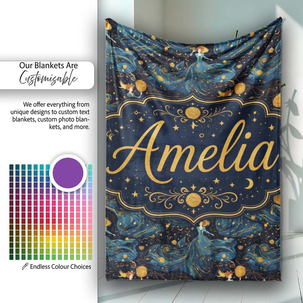 Celestial Goddess in Flowing Blue Dress with Stars and Golden Lovely Personalised Custom Name Super Soft Fleece Blanket Bed Sofa Throw