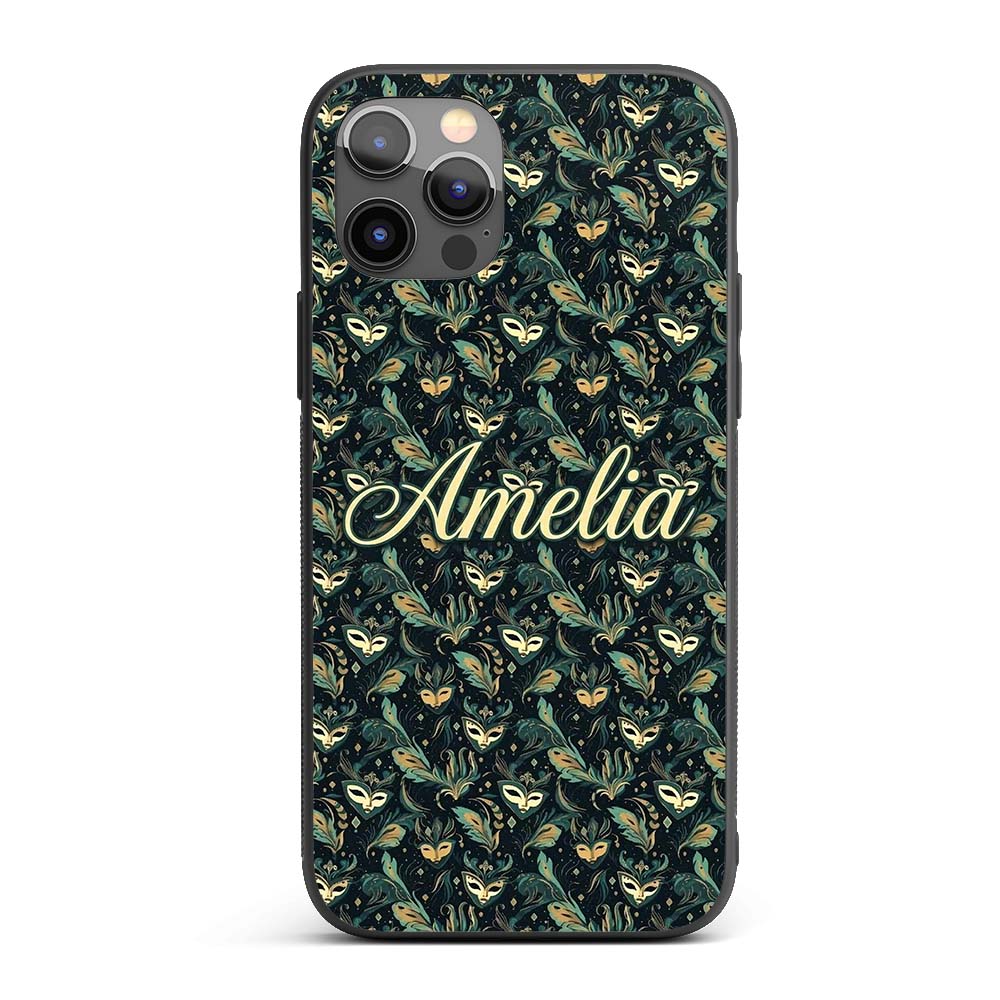 Elegant Teal and Gold Masquerade Printed Design Custom Name Protective Phone Case Mobile Cover Durable Everyday Smartphone Shock Resistant