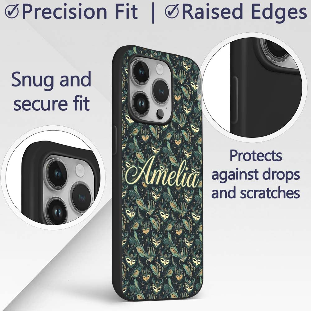 Elegant Teal and Gold Masquerade Printed Design Custom Name Protective Phone Case Mobile Cover Durable Everyday Smartphone Shock Resistant