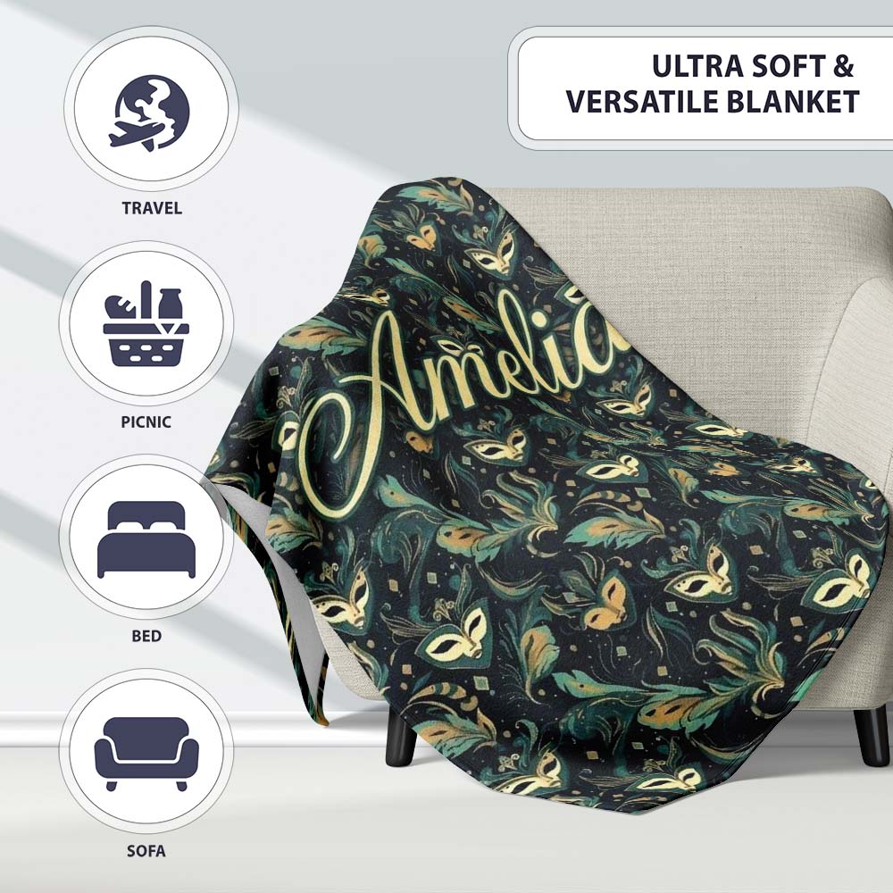 Elegant Teal and Gold Masquerade Masks with Feathers Dark Background Personalised Custom Name Super Soft Fleece Blanket Bed Sofa Throw