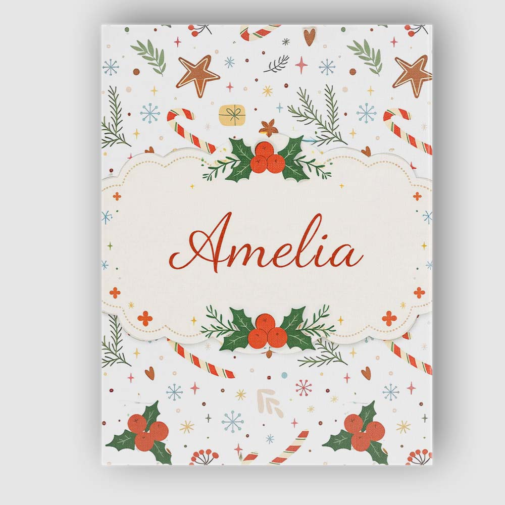 Personalised Name Minimal Christmas Candy Cane Star Pattern Cute Custom Interior Canvas Wall Art Print Decor Picture Ready to Hang