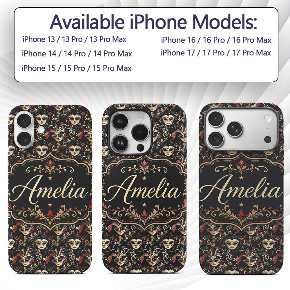 Luxurious Black Gold and Red Venetian Masks with Custom Name Protective Phone Case Mobile Cover Durable Everyday Smartphone Shock Resistant
