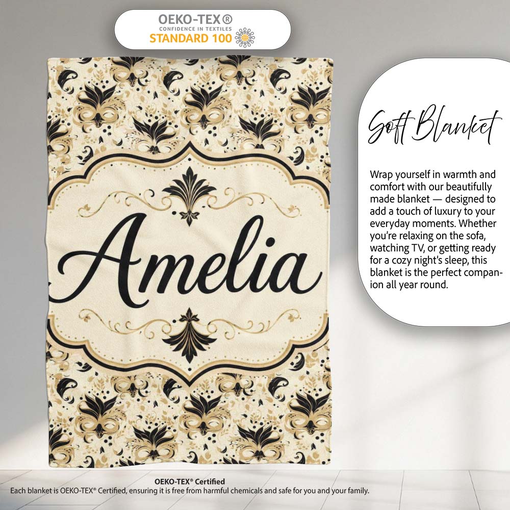 Classic Black and Gold Floral Masquerade Mask Pattern on Cream Personalised Custom Name Super Soft Fleece Blanket Bed Sofa Throw