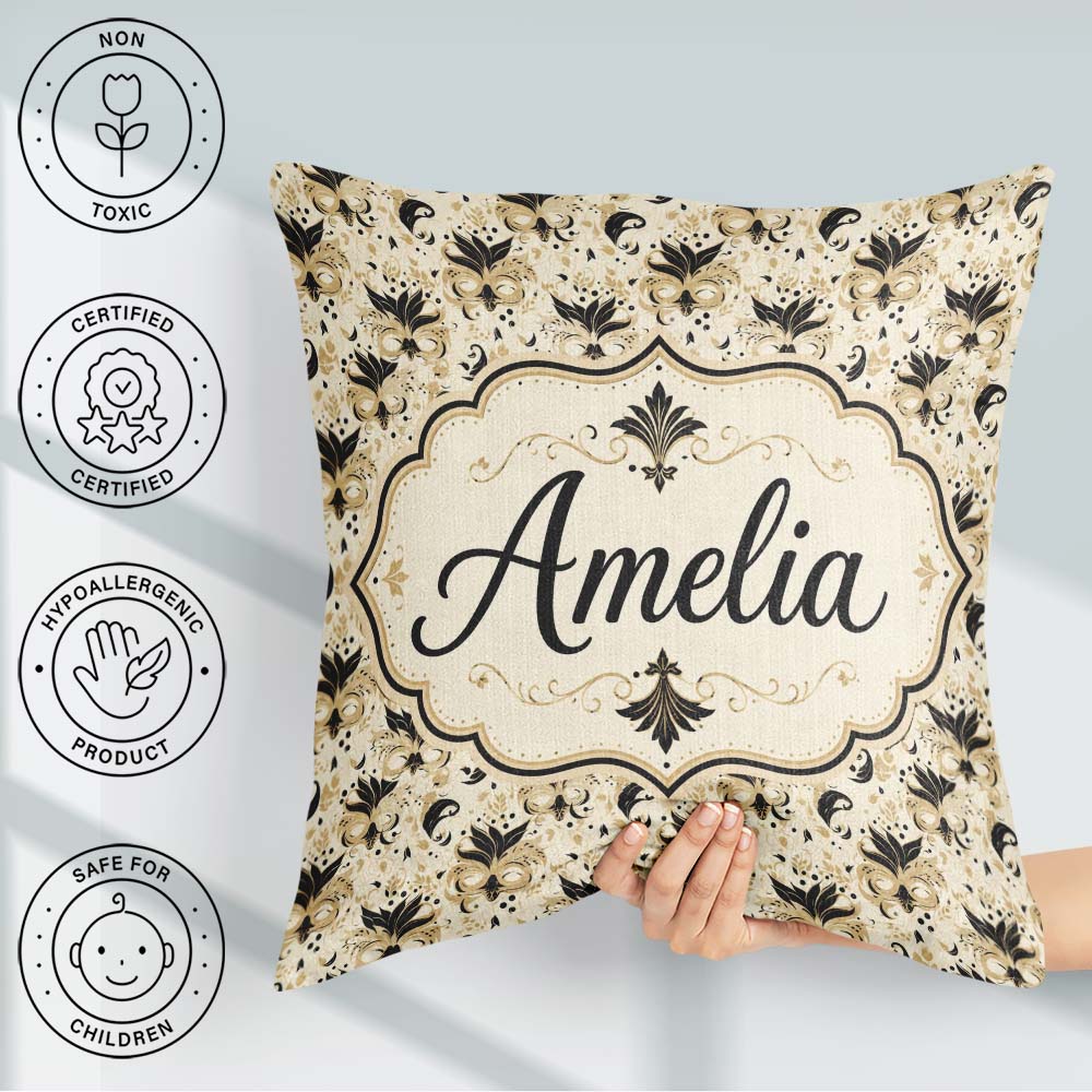 Custom Name Classic Black and Gold Floral Mask Pattern on Cream Square Filled Cushion Throw Pillow Sofa Bed Home Decor Zip Washable UK Made