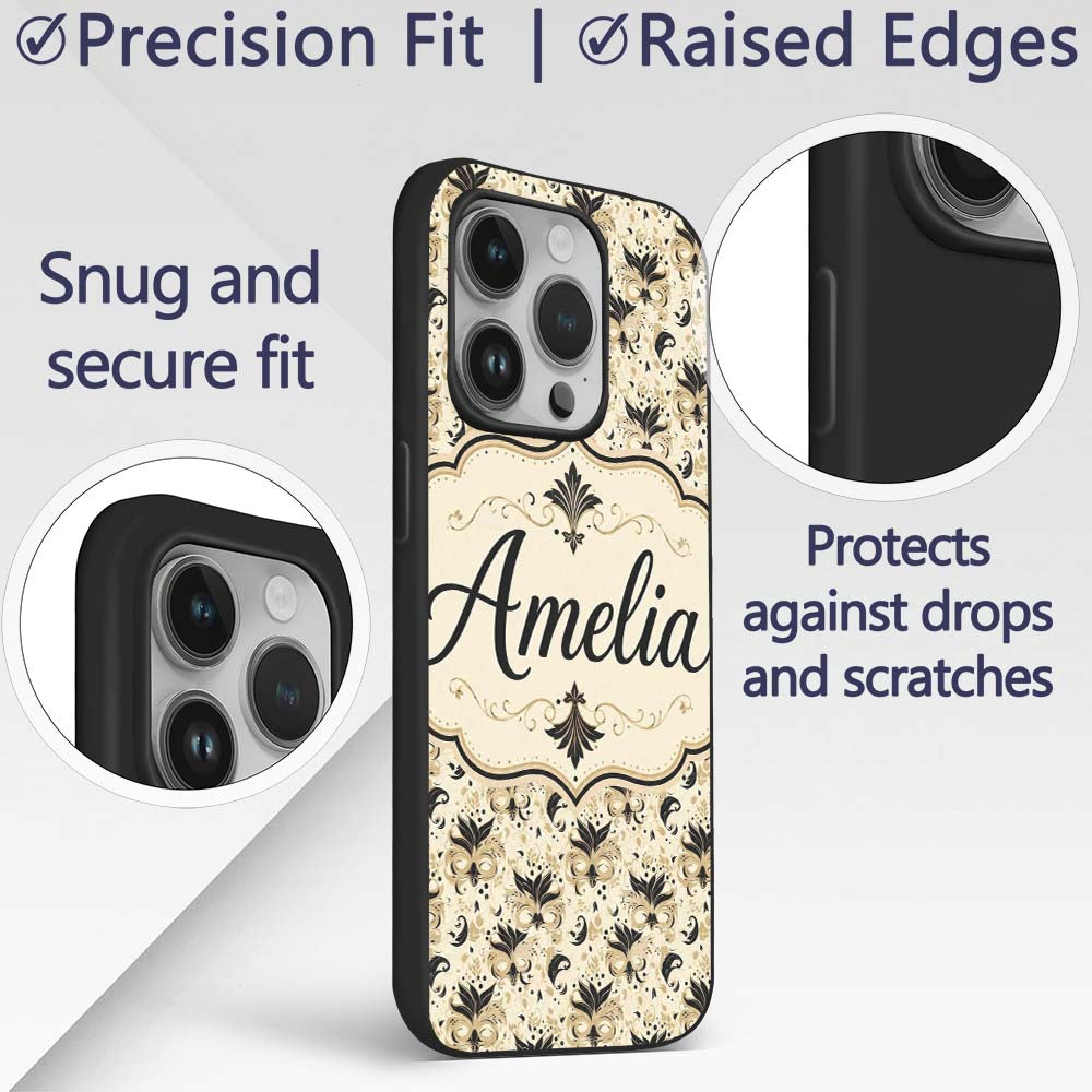 Classic Black and Gold Floral Masquerade Mask Custom Name Protective Phone Case Mobile Cover Durable Everyday Smartphone Shock Resistant