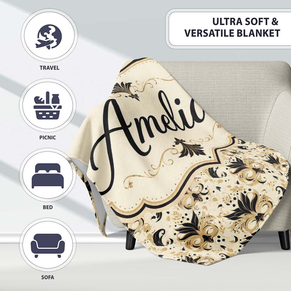 Classic Black and Gold Floral Masquerade Mask Pattern on Cream Personalised Custom Name Super Soft Fleece Blanket Bed Sofa Throw