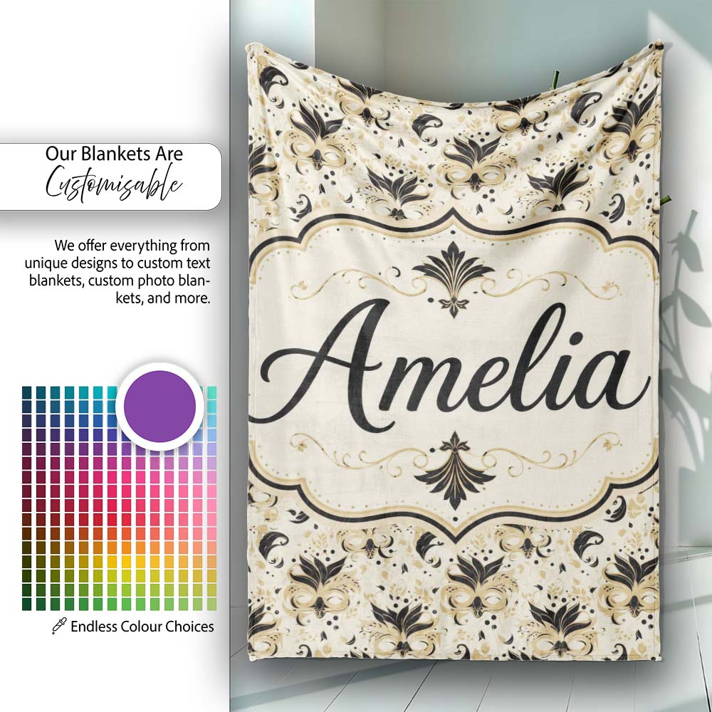 Classic Black and Gold Floral Masquerade Mask Pattern on Cream Personalised Custom Name Super Soft Fleece Blanket Bed Sofa Throw