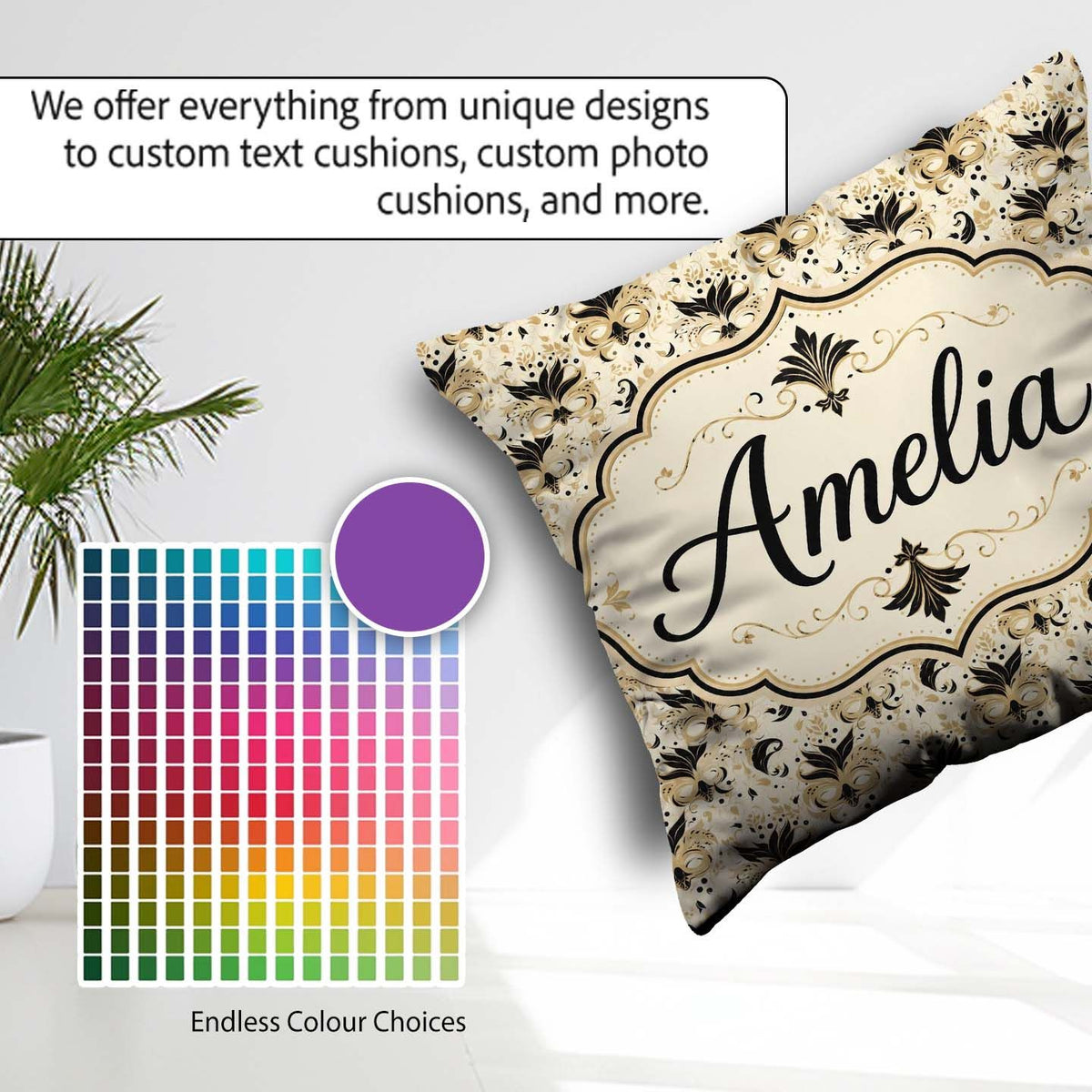 Custom Name Classic Black and Gold Floral Mask Pattern on Cream Square Filled Cushion Throw Pillow Sofa Bed Home Decor Zip Washable UK Made