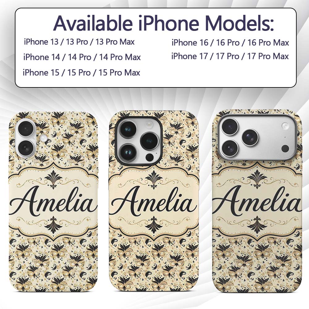 Classic Black and Gold Floral Masquerade Mask Custom Name Protective Phone Case Mobile Cover Durable Everyday Smartphone Shock Resistant