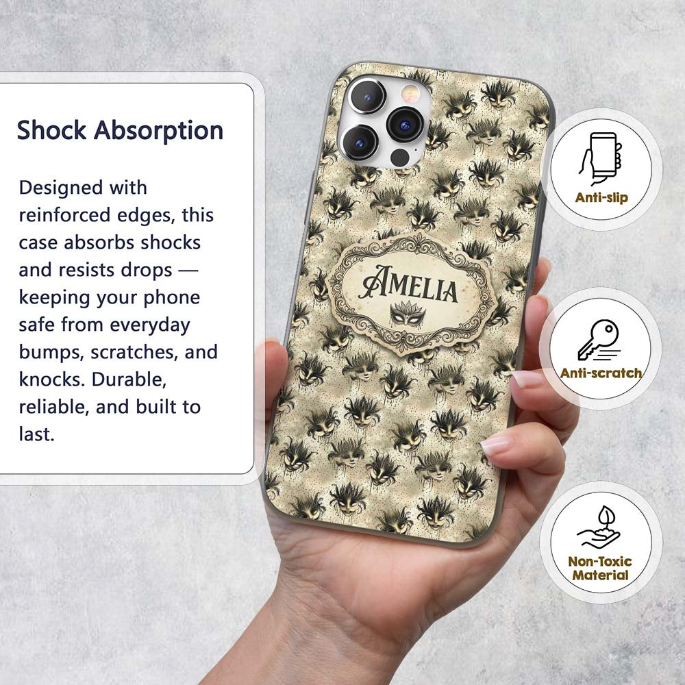 Vintage Sepia Toned Venetian Masks with Artistic Custom Name Protective Phone Case Mobile Cover Durable Everyday Smartphone Shock Resistant