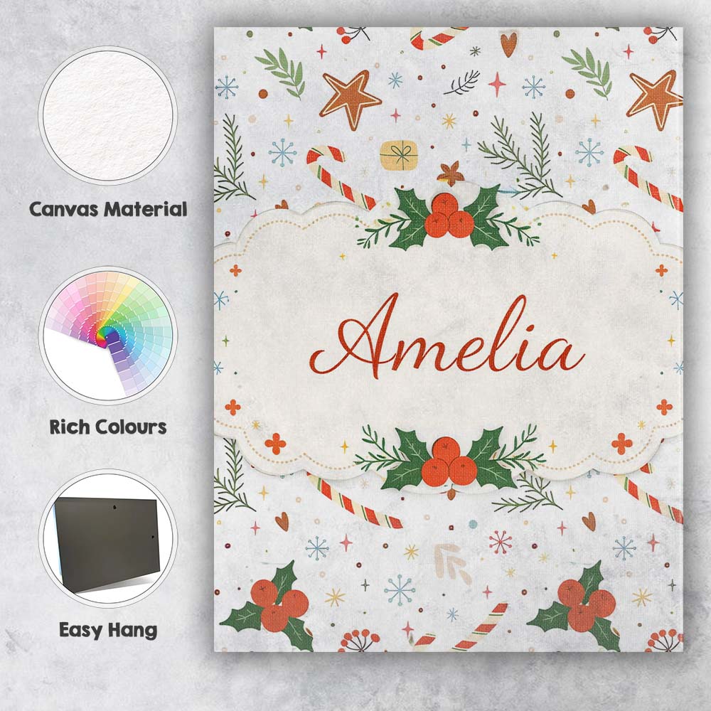 Personalised Name Minimal Christmas Candy Cane Star Pattern Cute Custom Interior Canvas Wall Art Print Decor Picture Ready to Hang