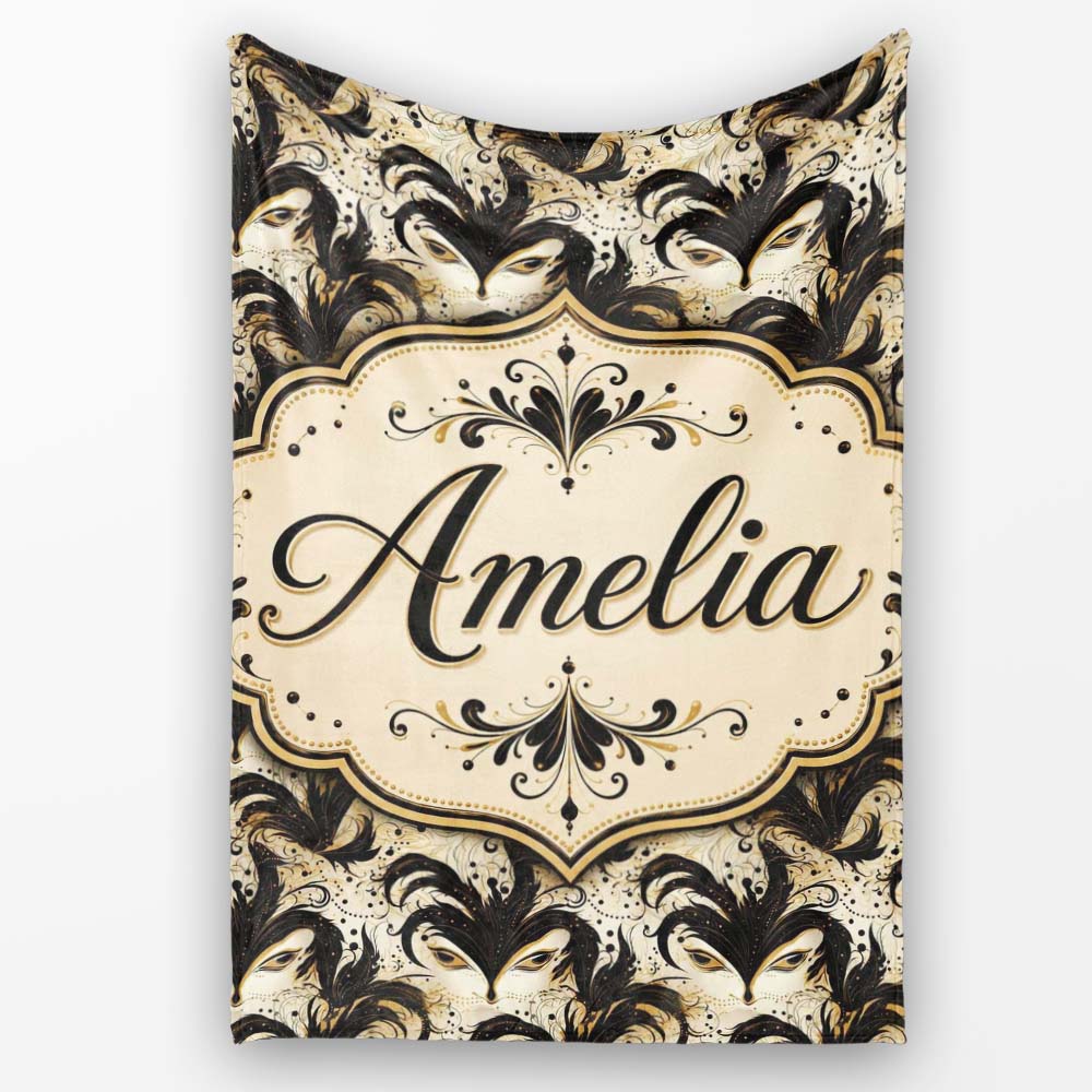 Ornate Black and Gold Feathered Mask Design with Abstract Flourishes Personalised Custom Name Super Soft Fleece Blanket Bed Sofa Throw