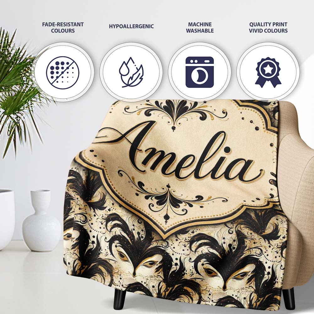 Ornate Black and Gold Feathered Mask Design with Abstract Flourishes Personalised Custom Name Super Soft Fleece Blanket Bed Sofa Throw