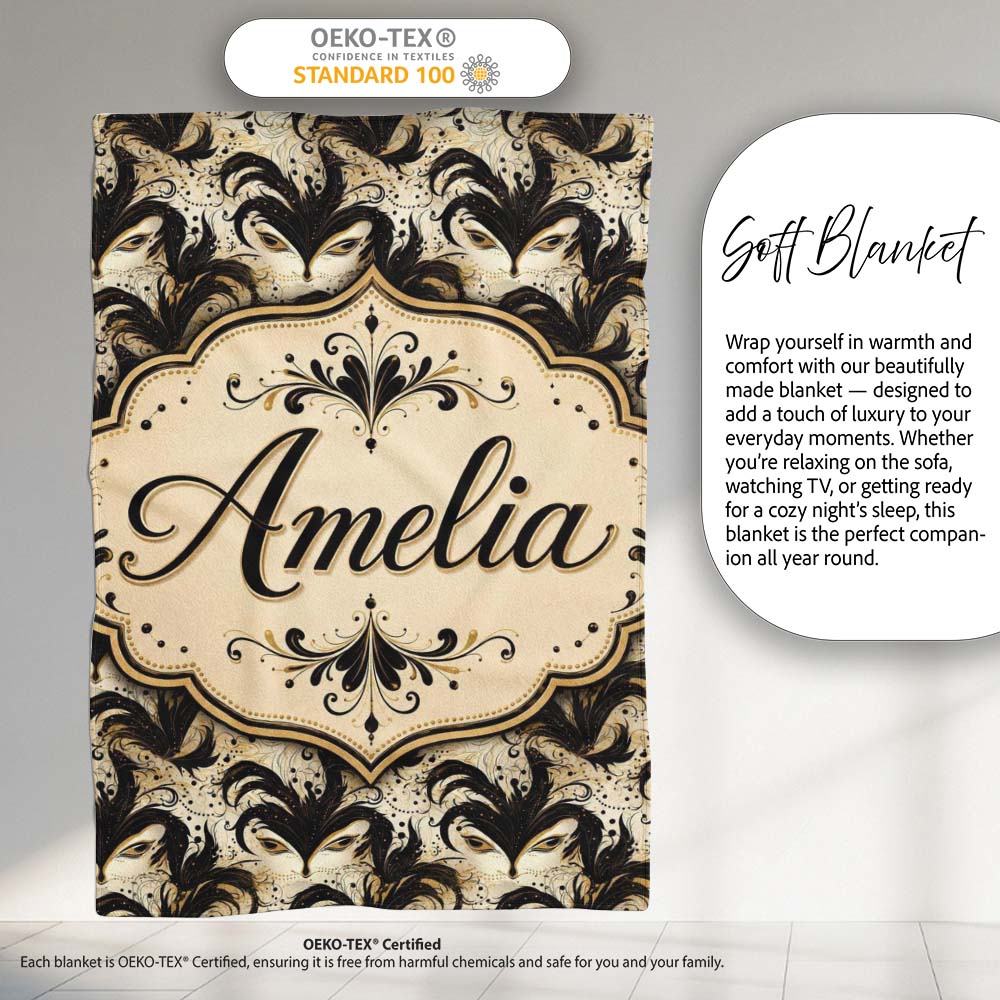 Ornate Black and Gold Feathered Mask Design with Abstract Flourishes Personalised Custom Name Super Soft Fleece Blanket Bed Sofa Throw