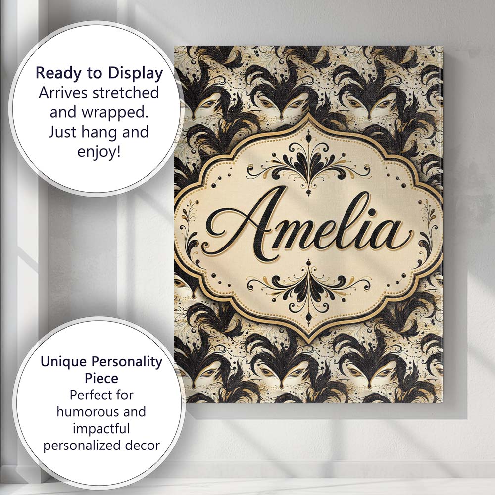 Personalised Name Ornate Black and Gold Custom Modern Room Accent Elegant Feature Canvas Wall Art Print Decor Picture Ready to Hang
