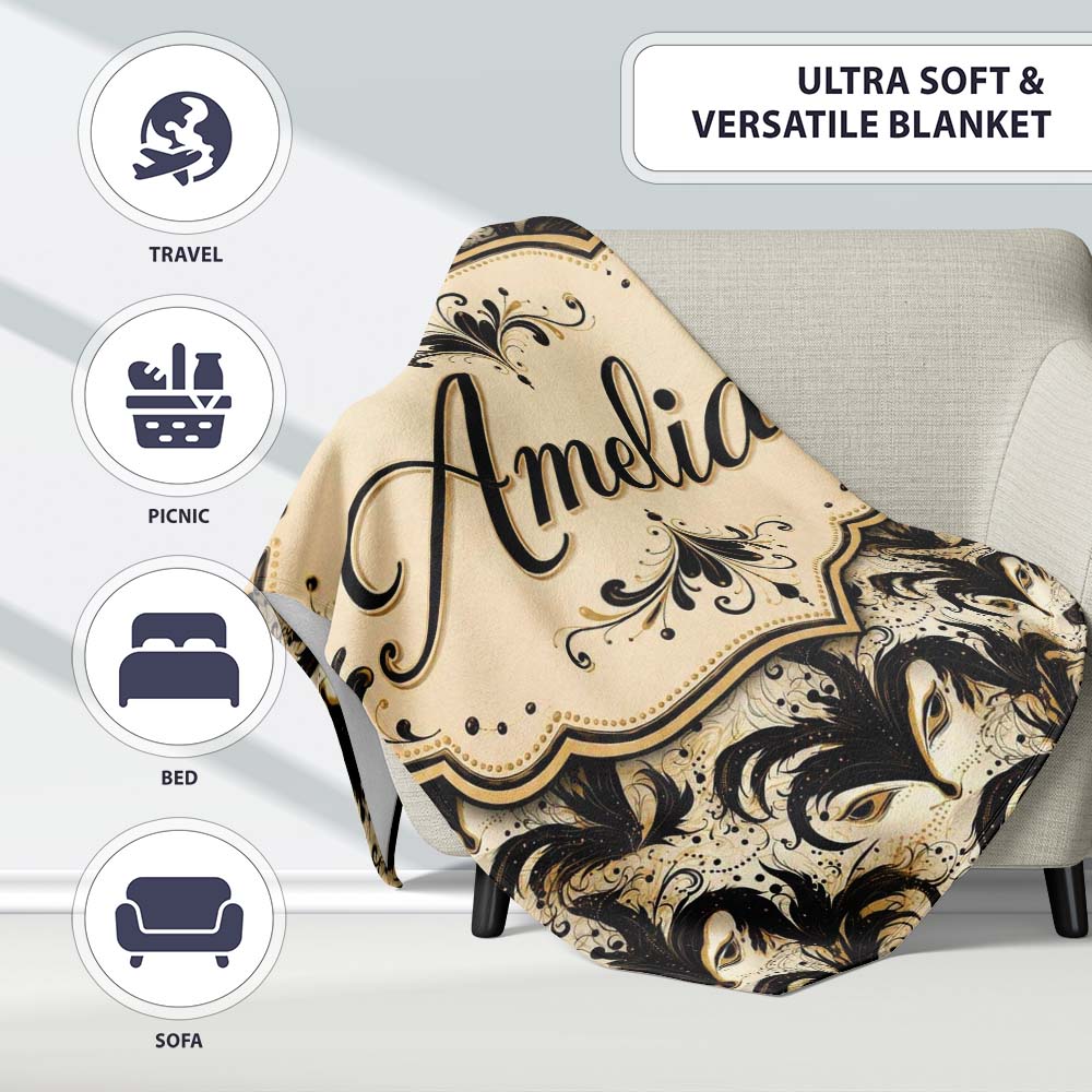 Ornate Black and Gold Feathered Mask Design with Abstract Flourishes Personalised Custom Name Super Soft Fleece Blanket Bed Sofa Throw