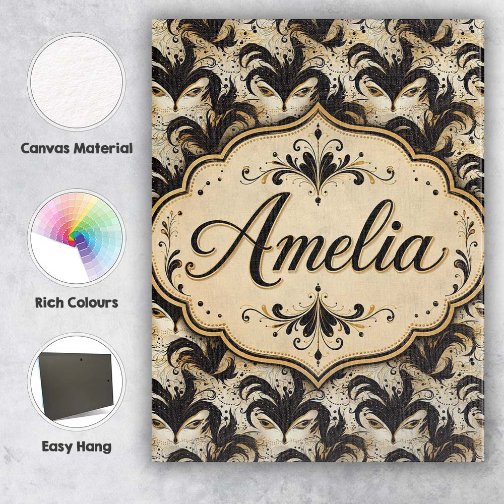 Personalised Name Ornate Black and Gold Custom Modern Room Accent Elegant Feature Canvas Wall Art Print Decor Picture Ready to Hang