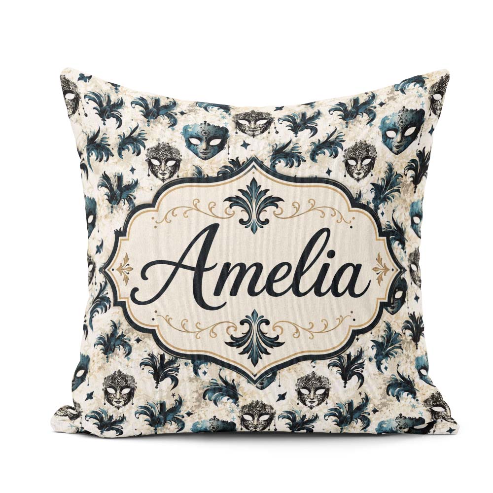 Custom Name Blue/Black Venetian Masks with Feathers Background Square Filled Cushion Throw Pillow Sofa Bed Home Decor Zip Washable UK Made