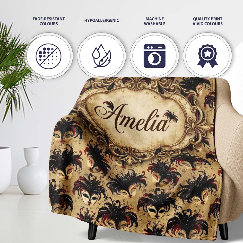 Vintage Red and Black Feathered Masks on Antique Background Seamless Personalised Custom Name Super Soft Fleece Blanket Bed Sofa Throw