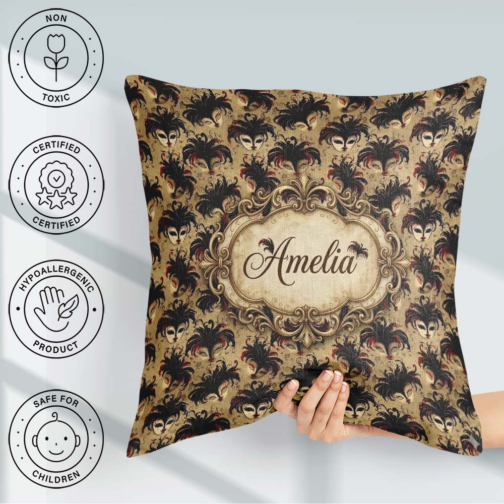 Custom Name Red and Black Feathered Masks on Background Seamless Square Filled Cushion Throw Pillow Sofa Bed Home Decor Zip Washable UK Made