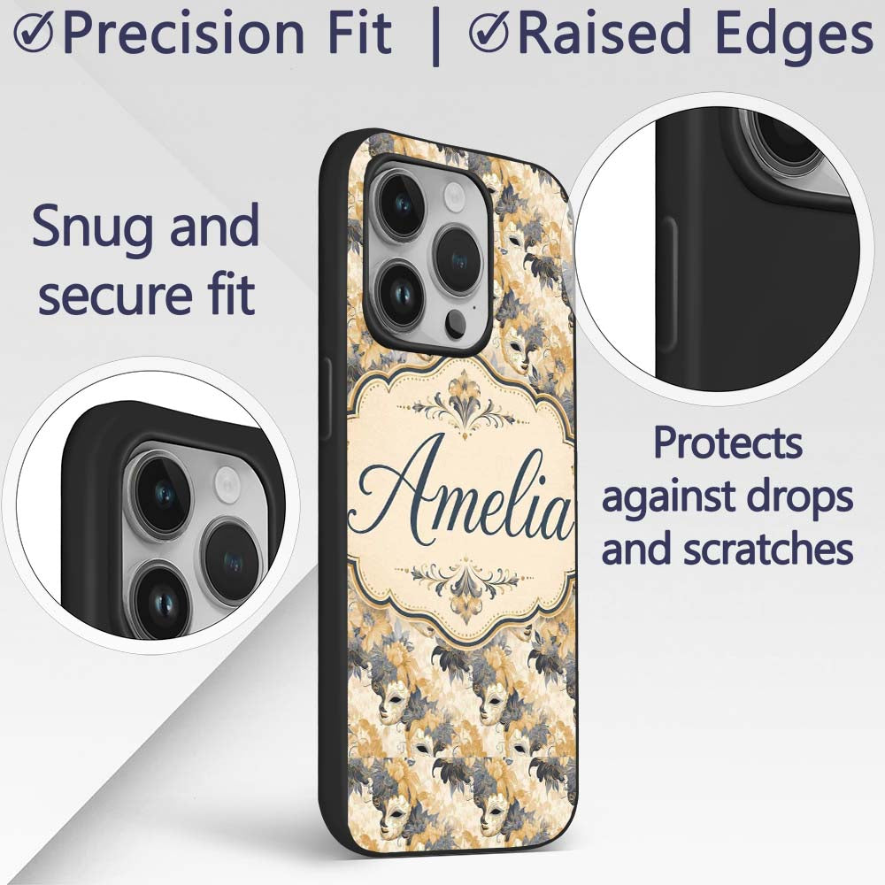 Soft Blue and Gold Floral Mask Printed Design Custom Name Protective Phone Case Mobile Cover Durable Everyday Smartphone Shock Resistant