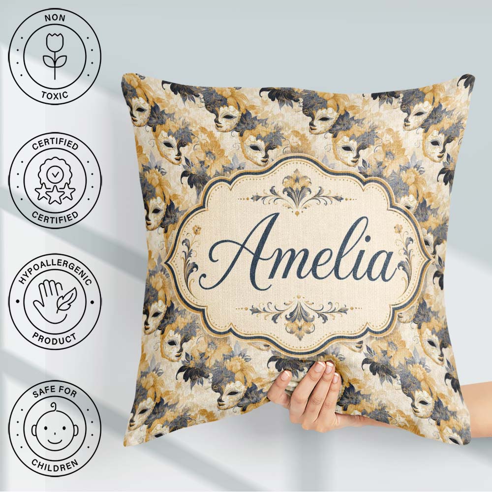 Custom Name Soft Blue and Gold Floral Mask with Elegant Seamless Square Filled Cushion Throw Pillow Sofa Bed Home Decor Zip Washable UK Made